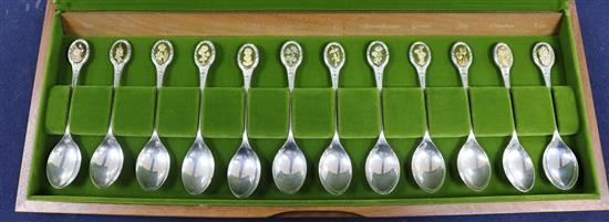 A cased set of twelve Royal Horticultural Society parcel gilt silver spoons, John Pinches, 1968/73/74.